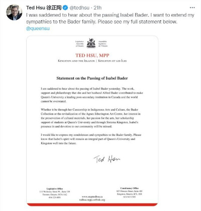 Tweet from Ted Hsu: "I was saddened to hear about the passing Isabel Bader. I want to extend my sympathies to the Bader family. Please see my full statement below." Photo of Hsu's statement.