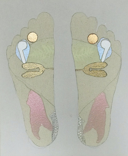 Sara Robichaud (nee McIntosh). reflexology. Acrylic on raw canvas, 2023.