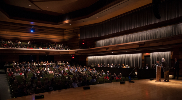 Crowd at the Isabel watch the lecture