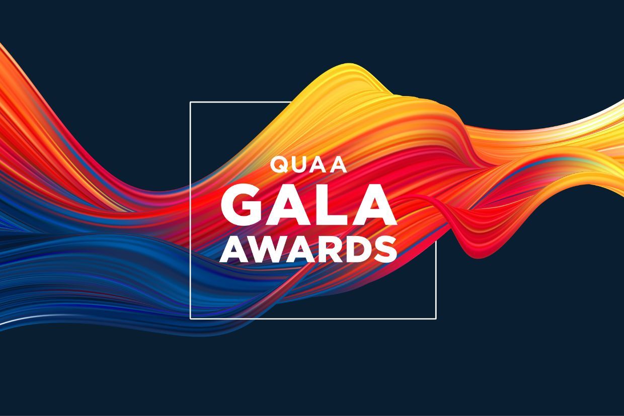 Futuristic image with different colours representing the branding of the QUAA Awards Gala at Queen's University. 