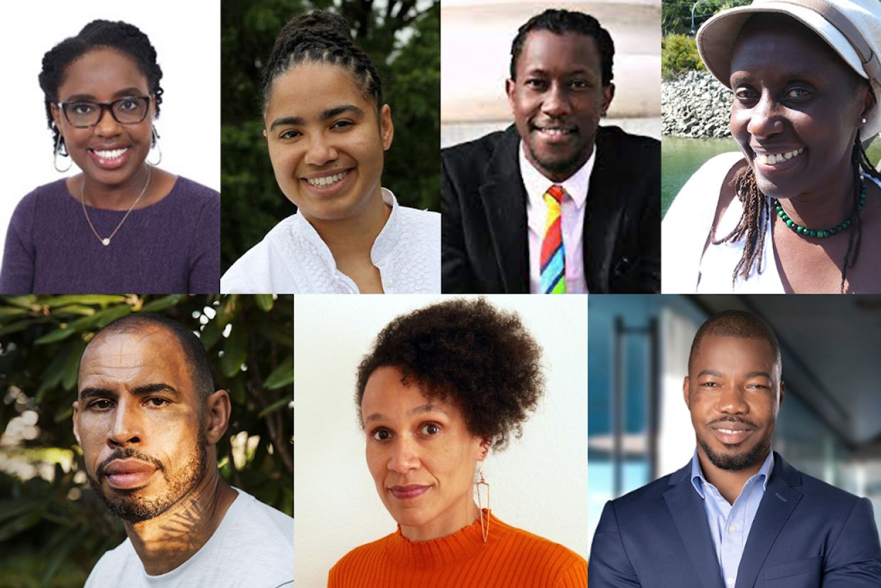 clockwise from top left: Kesha Fevrier; Jennifer Leath; Dalitso Ruwe; Juliane Okot Bitek; Joseph Kangmennaang; Vanessa Thompson; and Daniel McNeil.