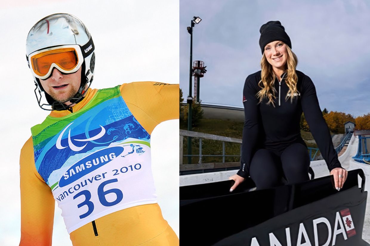 Collage of alumni Matt Hallat and Alysia Olsen skiing, with Alysia seated, emphasizing athletic lessons for post-sport life.