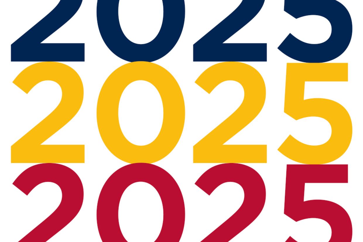 A graphic displaying the year 2025 three times in vertical alignment - one blue, one red, one yellow.