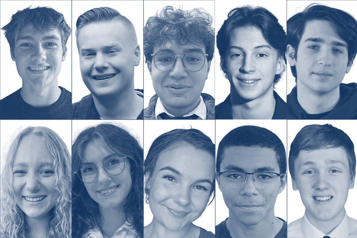 A collage of ten young first-year students in blue and white, recipients of the Schulich Leader Scholarships for STEM studies.