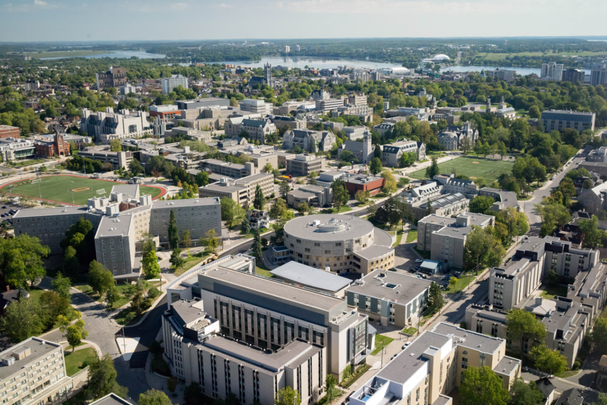 Drone shot above Queen's campus