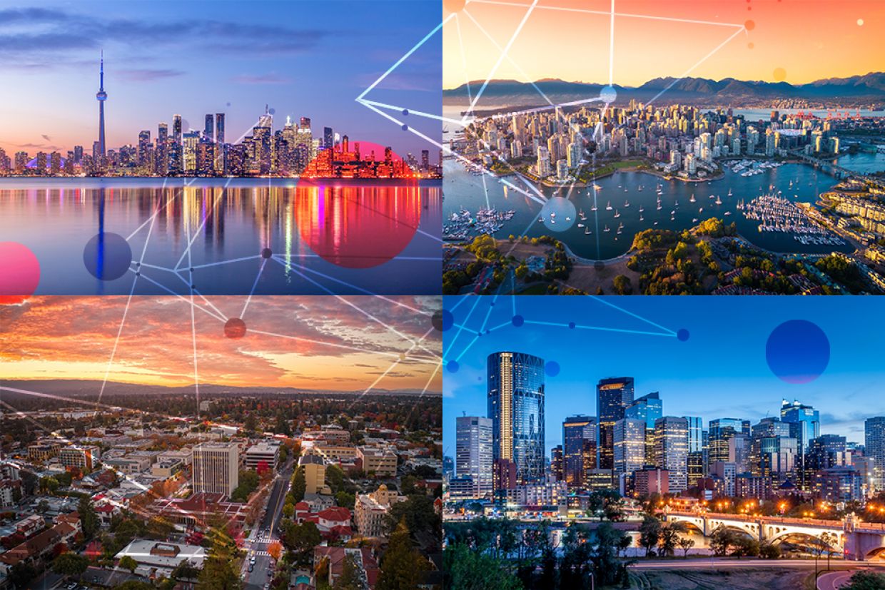 Palo Alto, Toronto, Calgary and Vancouver skylines.