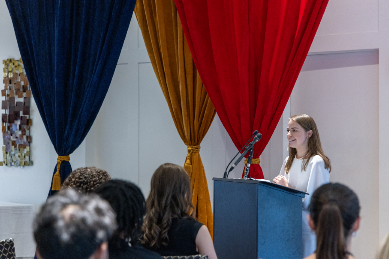 Queen’s Rector Niki Boytchuk-Hale speaks at a podium. 