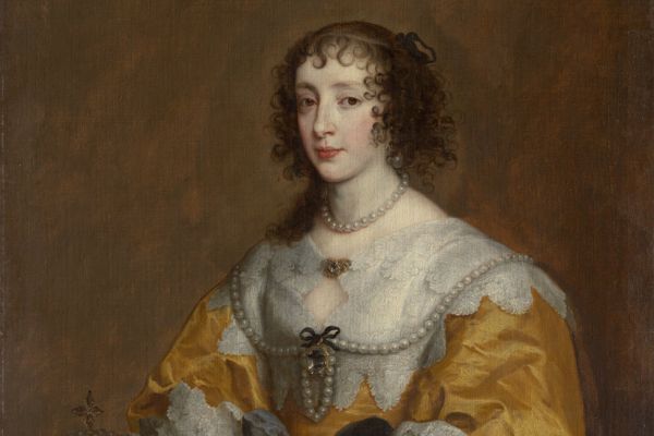 Oil painting of a 17th century woman cupping her belly, by Anthony van Dyck, title of painting "Queen Henrietta Maria" (detail), 1636, oil on canvas.