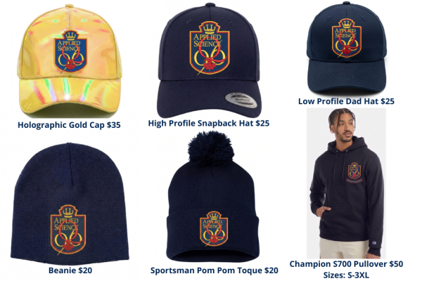5 hats with Sc'96 crest and a pullover sweater 