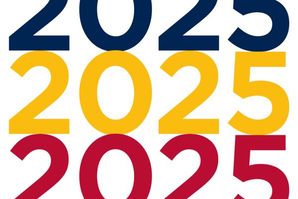 A graphic displaying the year 2025 three times in vertical alignment - one blue, one red, one yellow.