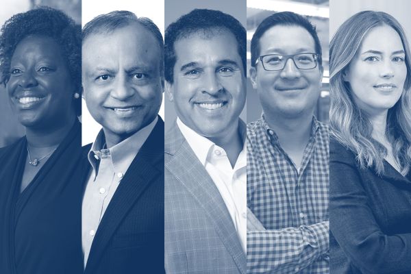 Left to right: Bunmi Adeoye, Artsci’97, Atul Chandra, MBA’90, Norm Sabapathy, MIR’92, Paul Teshima, Sc’95, and Allison Wolfe, Com’01.