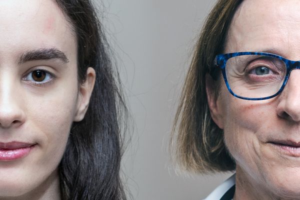 Side-by-side photo of half of the faces of Dr. Anne Sorensen and Mina Jordanides