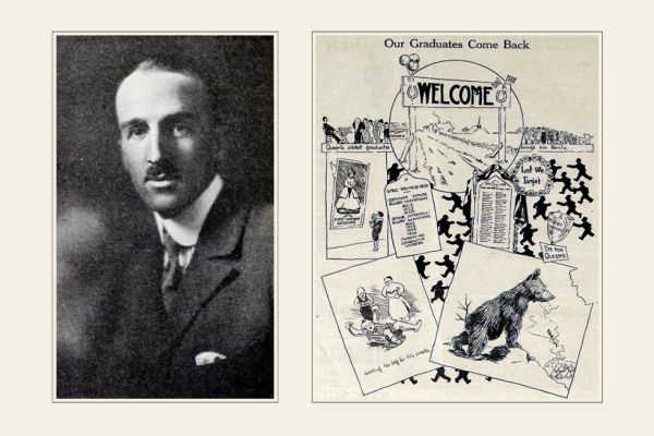 Two vintage black and white photos featuring a man and a poster, capturing a nostalgic moment in time.