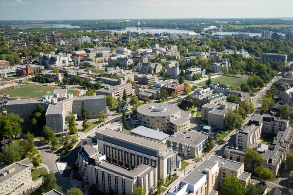 Drone shot above Queen's campus