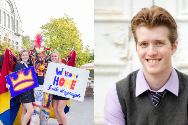 Peter Bearse in a collared shirt and tie, and Peter Bearse in outlandish tricolour costume