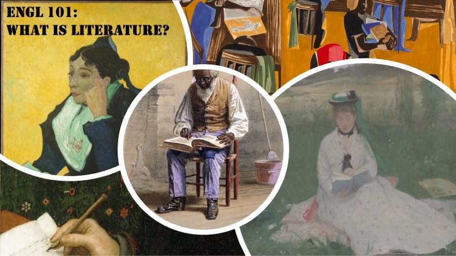 Collage of different paintings reading and writing