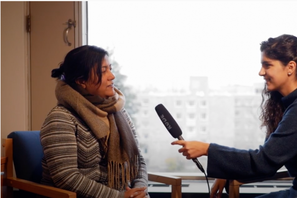 A woman being interviewed