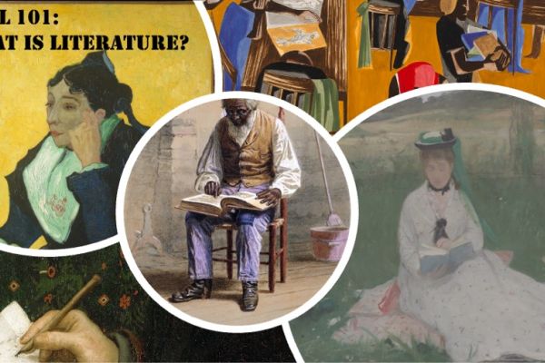 Collage of different paintings reading and writing
