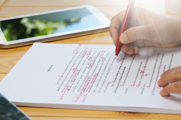 person editing a typed page by hand 