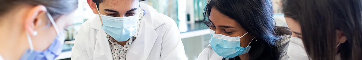 A photo of four medical students wearing white lab coats and face masks gathered around a table to discuss an anatomical kidney model