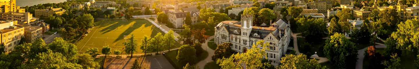 Aerial view of campus at sunset
