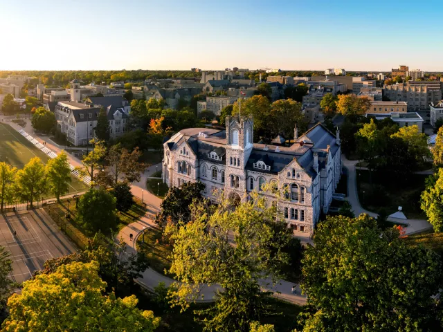 Aerial view of campus at sunset